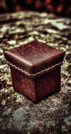 A miniature brown leather box sits centrally against a mottled, textured surface. The box exhibits fine stitching and a slightly reflective surface. The composition utilizes shallow depth of field, emphasizing the primary subject. This image may be suitable for illustrating concepts of crafts, packaging, or showcasing products in a commercial setting.の素材