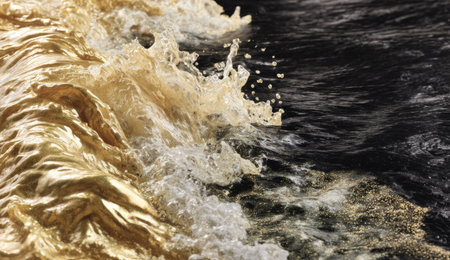 This image showcases a dynamic composition of flowing water, exhibiting contrasting shades of gold and deep brown. The textures of the water create a sense of movement and energy, captured with high detail. Suitable for various applications, including illustrative, editorial, and commercial uses, offering a visual representation of natural elements.の素材