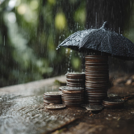 An image showcases stacks of coins sheltered by a small umbrella under the rain. The composition features a shallow depth of field, with droplets and green background. It represents a concept of financial protection, possibly suitable for banking, insurance, or investment-related materials. The scene is lit with natural light, contributing to its realistic aesthetic.の素材