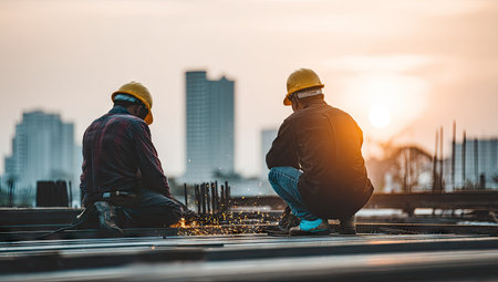 Two construction workers are crouched, wearing protective gear against an urban sunset. The image shows a silhouette against an orange sky. Construction materials are visible in the foreground, and city buildings appear in the background. It may be suitable for illustrating topics like industry, teamwork, and urban development.の素材