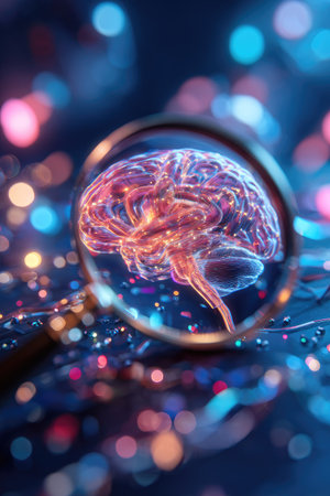 An image showcases a detailed illustration of a brain viewed through a magnifying glass, set against a backdrop of soft bokeh lights. The brain appears to be glowing with intricate internal structures. The image suggests scientific exploration and analysis, suitable for various editorial and commercial applications. The composition emphasizes depth and clarity.の素材