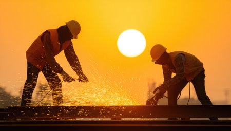 Two construction workers are silhouetted against a radiant sunset while working on a railway. The image showcases the workers using welding tools, creating sparks. Warm colors and backlighting highlight the scene. This image may be suitable for illustrating themes related to construction, labor, or industry.の素材