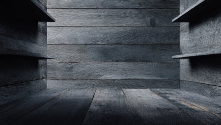 This image presents a dark wooden interior featuring shelves and a wall. The composition displays a blend of textures, with wooden planks dominating the scene. The lighting creates a sense of depth, highlighting the abstract design. Suitable for various uses, this image offers a versatile backdrop.の素材