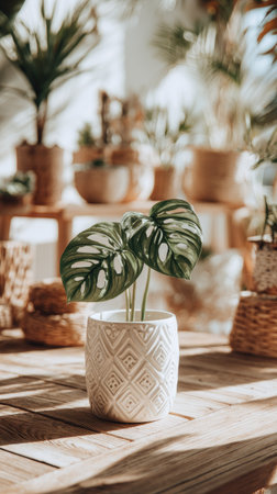 A potted plant with patterned leaves is prominently displayed on a wooden surface. Soft sunlight illuminates the scene, highlighting the green foliage and textured pot. Other plants are visible in the background, creating a natural and inviting environment. Suitable for various editorial and commercial applications.の素材