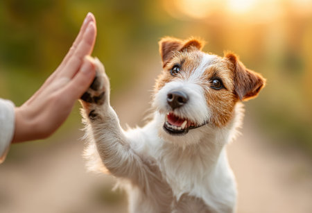 A Jack Russell Terrier gives a high five to a human hand in an outdoor setting. The image displays warm sunlight and a soft bokeh background. The dog shows a happy expression. This image is suitable for various commercial purposes, including advertising and editorial content.の素材