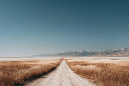 A dirt road stretches toward distant mountains, framed by golden fields under a clear blue sky. The composition features a symmetrical perspective, with the road guiding the eye to the horizon. This image employs a natural lighting style, creating a sense of tranquility. It is suitable for commercial uses such as travel and landscape design.の素材