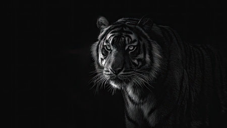 A striking monochrome image features a tiger, its face illuminated against a dark background. The composition highlights the animal's intense gaze and detailed fur texture. This studio shot could be suitable for various editorial and promotional purposes. The lighting creates a dramatic effect.の素材