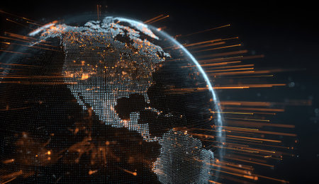 An image showcases a digital globe featuring illuminated cities and a network of connecting light streaks. The composition utilizes a dark background, highlighting the earth's features. The artwork's style evokes a sense of technology and communication. Suitable for use in projects about global networks or innovative themes.の素材