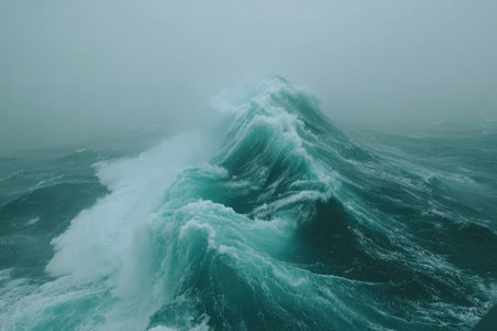 Powerful ocean waves dominate this image, exhibiting a teal color and dynamic textures. The water surges, creating a captivating visual effect under an overcast sky, suggesting an open-water environment. Suitable for artistic and editorial purposes, this photo captures the raw energy of the sea.の素材