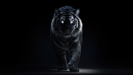 A solitary black tiger walks towards the viewer, its glowing eyes standing out against the darkness. The image features high contrast, with the animal's fur showing texture. The style suggests a studio setting, suitable for commercial projects, promotional materials, and wildlife publications.の素材