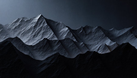 A dark, moody image showcases a mountain range under a cloudy sky. The monochrome palette accentuates the textures and ridges. The composition features strong contrast and lighting, offering potential for use in projects related to nature, exploration, or backgrounds, or editorial purposes.の素材