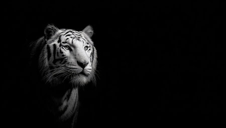This black and white image showcases a majestic white tiger, its head and upper body lit against a stark, black background. The contrasting colors highlight the animal's detailed fur and piercing gaze. Suitable for various design projects, this photograph offers a sense of power and elegance. Potential uses include editorial and commercial applications.の素材