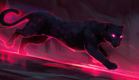 An illustration depicts a panther with sleek black fur and glowing pink accents. The creature is in motion against a dark backdrop, with vibrant pink light outlining its form. This digital artwork utilizes strong colors and high contrast, suitable for various design applications and commercial purposes.の素材