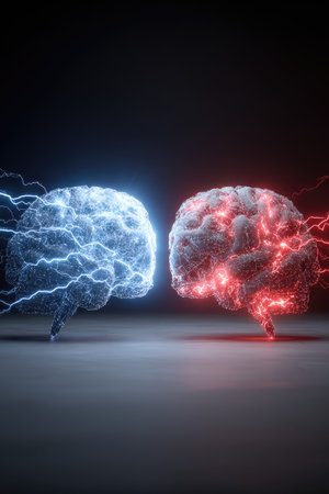 Two human brains are depicted side-by-side, each illuminated with contrasting red and blue light. The brains are surrounded by energy discharges, suggesting activity and thought processes. The dark background and overall design create a visually striking image suitable for various commercial or editorial applications related to science and psychology.の素材