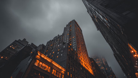 The image presents a perspective of tall buildings against a dark, overcast sky. Buildings are characterized by their vertical lines and illuminated windows, casting a warm glow against the cool, moody tones. The composition and lighting create a sense of scale. Potential uses include editorial and commercial projects.の素材