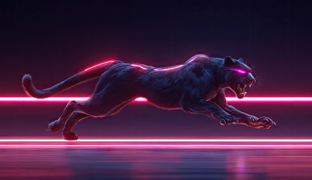 A panther leaps powerfully, silhouetted against a dark backdrop illuminated by neon pink lines. The stylized rendering features smooth textures, focused lighting, and vibrant colors. The overall effect creates a sense of motion and energy, suitable for diverse commercial applications and creative projects.の素材
