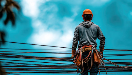 An electrician wearing a safety helmet and protective gear is seen from behind, working on a network of power lines. The image showcases a vivid blue sky backdrop, complementing the orange helmet and tool belt. This photograph is likely suitable for illustrating themes related to infrastructure, utilities, and electrical services, offering potential for commercial applications.の素材