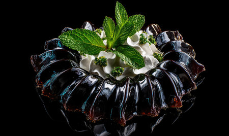 This image showcases a sophisticated dessert, a dark gelatinous base cradling a swirl of whipped cream and fresh mint leaves. The high-angle shot reveals a textured surface, with light highlighting the arrangement. The background is a solid black, emphasizing the dessert's form. Suitable for culinary, food, or lifestyle publications.の素材