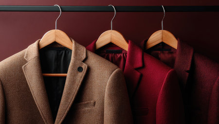 Three stylish blazers hang from wooden hangers against a deep red background. The jackets display a range of colors and textures, suggesting quality materials. The composition uses overhead lighting to emphasize the details. The image may be suitable for advertising, editorials, and design projects related to fashion.の素材