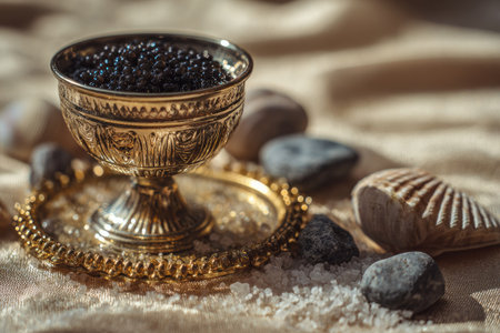 An overhead shot reveals a golden cup filled with black caviar, presented on a decorative golden tray. Several small, smooth stones and a seashell are arranged near the cup, all set against a neutral, textured backdrop with soft lighting, suggesting an indoor setting. This image is suitable for various commercial uses.の素材