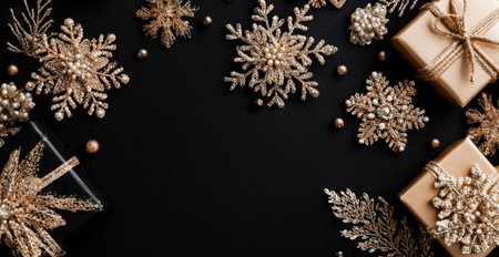 This image showcases an arrangement of ornamental snowflakes, various decorative elements, and wrapped gifts. The composition features a dark background which provides contrast to the golden and beige tones of the objects. Suitable for various festive projects, this image can be used in print and digital media.の素材