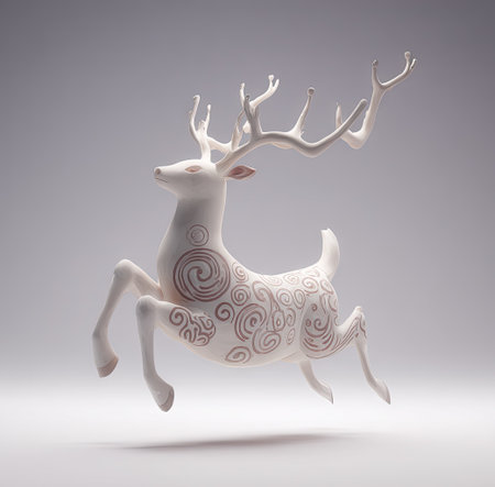 A pristine white deer sculpture is depicted leaping with artistic markings across its body. The artwork showcases detailed antlers, a graceful pose, and a softly lit studio setting. This imagery would be suitable for various design projects and editorial uses that require a sophisticated visual element.の素材
