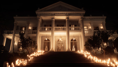 An impressive mansion is presented during the night, highlighted by the warm glow of candlelight. The architecture features classical columns and a grand staircase. The scene is illuminated, and the composition evokes a sense of grandeur. This image could be used for various commercial or editorial purposes.の素材