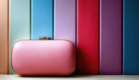 A stylish pink handbag rests against a vibrant backdrop of vertical colored stripes. The composition features a clean, minimalist style with soft lighting. This image could be used for advertising, fashion blogs, or any content related to accessories and style. The image highlights a sense of elegance.の素材