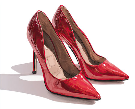 A pair of glossy red high-heeled shoes is set against a clean white backdrop. The shoes exhibit a pointed-toe design with a stiletto heel, reflecting light and creating highlights. The composition features a front view, ideal for highlighting the footwearの素材