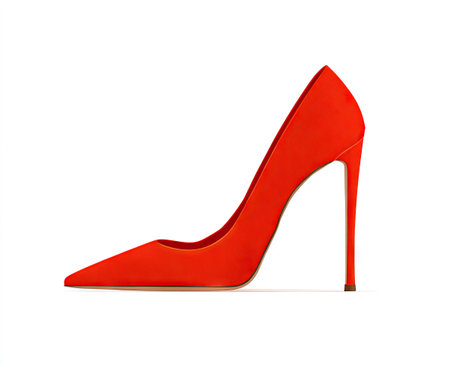 A vibrant red high-heeled stiletto shoe is depicted against a pristine white background. The shoe showcases a sleek, pointed toe and a slender, towering heel. The composition is simple, with the shoe's form accentuated by the stark contrast of color. This image may be suitable for fashion, advertising, or design projects.の素材