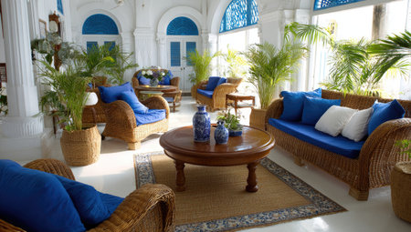 An inviting sunroom features wicker furniture with blue cushions surrounded by potted plants. Natural light floods the space, illuminating the wooden tables and neutral rug. The composition highlights a comfortable, well-lit setting. Suitable for use in lifestyle or interior design publications and commercial projects.の素材