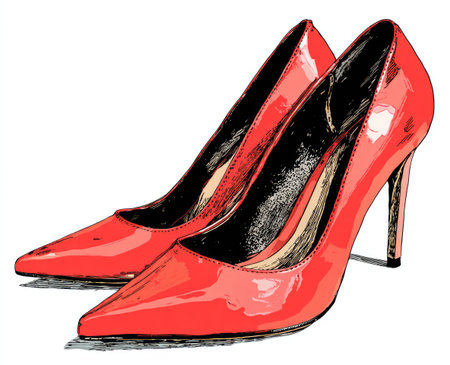 Two bright red high-heeled shoes are presented against a stark white backdrop. The illustration showcases a sharp, stylized design with defined lines and highlights. This image suggests fashion, style, and could be utilized for various commercial and editorial applications such as advertising or product promotion.の素材