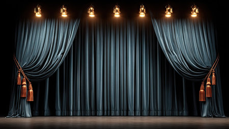 The image showcases dark teal stage curtains dramatically lit from above. The composition is symmetrical, highlighting the vertical folds of the fabric and the warm lighting. This versatile design could be used in presentations, website backgrounds, or any project needing an element of drama and elegance.の素材