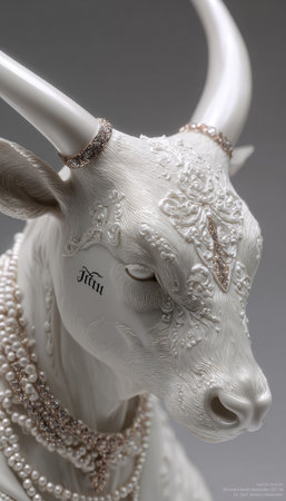 A close-up captures a pristine white bull sculpture, decorated with embossed floral patterns. It wears a multi-strand pearl necklace and a jeweled band on its horns. The composition highlights detailed textures, with soft lighting and a neutral background. Suitable for decorative, artistic, or conceptual projects.の素材