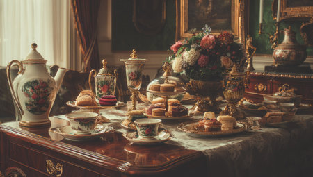 A table presents an arrangement of pastries, teacups, and a floral centerpiece. The scene features warm lighting and a vintage aesthetic, creating a sense of luxury. The photograph could be used for lifestyle imagery or to illustrate concepts of hospitality and event planning.の素材