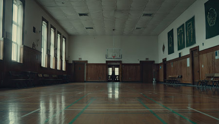 An interior shot showcases an empty gymnasium with wooden floors and numerous windows. The space features wooden doors, panels, and benches. Natural light streams in, illuminating the interior. This setting could be suitable for editorial or commercial purposes, providing a backdrop for various creative projects.の素材