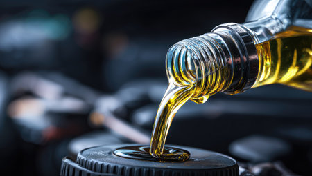 A close-up photograph displays engine oil being poured from a bottle. The image highlights the fluid's viscosity and color. The composition focuses on the pouring action against a blurred background, suggesting an automotive setting. It could be used for illustrating vehicle maintenance or related topics.の素材