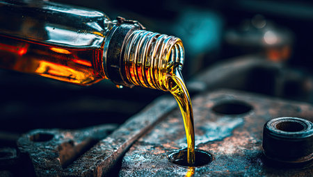 Engine oil flows from a transparent bottle onto a metal surface, showcasing a close-up view. The image highlights the fluid's golden color, texture, and movement. The composition features a shallow depth of field, with soft lighting enhancing the details. Suitable for illustrating maintenance, industry, or technical content.の素材
