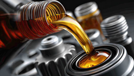 Close-up shot features engine oil being poured, showcasing a lubrication process. The image displays a vibrant golden liquid against metallic machine components. The composition, lit with overhead light, emphasizes the pouring motion, highlighting mechanical interaction. Suitable for automotive, industrial, and technological applications.の素材