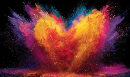 A vibrant heart shape is formed by bursts of colorful powder. The composition features a variety of bright hues, including red, yellow, pink, and purple. The dramatic lighting and contrasting black background create a visually dynamic effect. Suitable for commercial and editorial applications, this image evokes feelings of joy and celebration.の素材