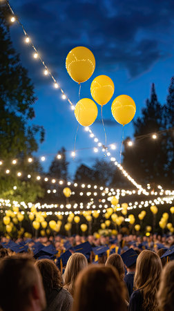An evening scene depicts a graduation ceremony with a focus on yellow balloons floating above a crowd. String lights illuminate the dark sky and trees. The composition includes a large group of people wearing graduation attire. This image could be used for educational, celebratory, or event-related visual content.の素材
