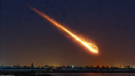 An illuminated meteor is seen streaking across the night sky. The image features a bright, orange-yellow trail against a dark blue background. The bottom portion shows a distant cityscape silhouette. This dramatic scene is suitable for illustrations about space, science, or conceptual designs.の素材