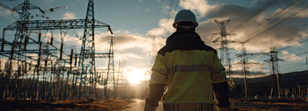 An engineer is seen walking toward a complex power station under a dramatic sunset. The image displays high voltage power lines, showcasing the infrastructure. The setting suggests an outdoor environment, possibly related to electrical engineering and energy production. It could be used for illustrating topics like technology, industry, or environmental concerns.の素材