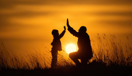 A silhouette depicts a father and child high-fiving in front of a setting sun. The image features a warm orange color palette and a soft focus, suggesting an outdoor environment. The composition highlights a moment of connection, suitable for various editorial and commercial applications. The scene promotes positive emotional themes and is appropriate for different marketing purposes.の素材