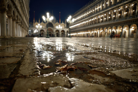 An evening scene depicts a vast plaza with a reflecting wet surface. Buildings with arches and lit windows flank the space. Overhead street lights illuminate the area. The image displays a symmetrical composition, with a low-angle perspective. Suitable for commercial and editorial uses.の素材