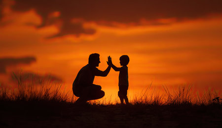 A silhouette depicts a father and child high-fiving, set against a stunning orange and red sunset. The composition uses a low angle, emphasizing the figures. The image's color palette creates a warm atmosphere. Suitable for use in visual storytelling and various commercial applications.の素材