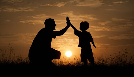 A silhouette captures a father and son high-fiving against a vibrant sunset. The image displays a warm color palette with a clear sky and a bright sun. This composition could be used in various commercial applications, including promotional materials or editorial content relating to family and lifestyle.の素材