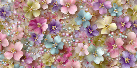 An artistic composition features an array of pastel-colored flowers, complemented by delicate pearl accents. The image presents a close-up view highlighting the floral arrangement's texture and detail. The overall style suggests a decorative, possibly ornamental design suitable for various creative or commercial applications.の素材