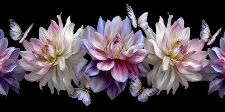 An elegant floral composition features several dahlias with multiple butterflies. The soft petals display shades of pink, purple, and white. The butterflies seem to be flying around the flowers. This artwork could be suitable for various design projects and commercial purposes.の素材
