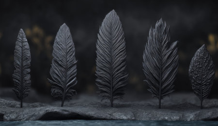 Five stylized feathers are arranged in a row against a dark textured backdrop. The feathers exhibit a monochromatic color scheme. The composition suggests a studio setting, emphasizing the isolated objects. Suitable for various applications, this image can be used for design and editorial purposes.の素材